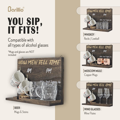 Wall Mounted or Tabletop Wooden Drinkware Board | AM/PM Coffee Mug and Alcohol Glass Holder | Funny Gift for Men, Dad, Husband, Christmas - Fits Wine, Whiskey, Beer Glasses | Glasses Are Not Included