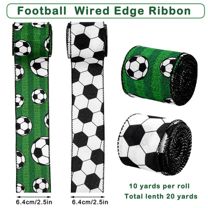 Soccer Wired Edge Ribbon 2.5 Inch Green Black White Craft Ribbon Sport Ball Fabric Ribbons for Sport Events DIY Bow Wreath Wrapping Supplies, 20 Yards, 2 Rolls