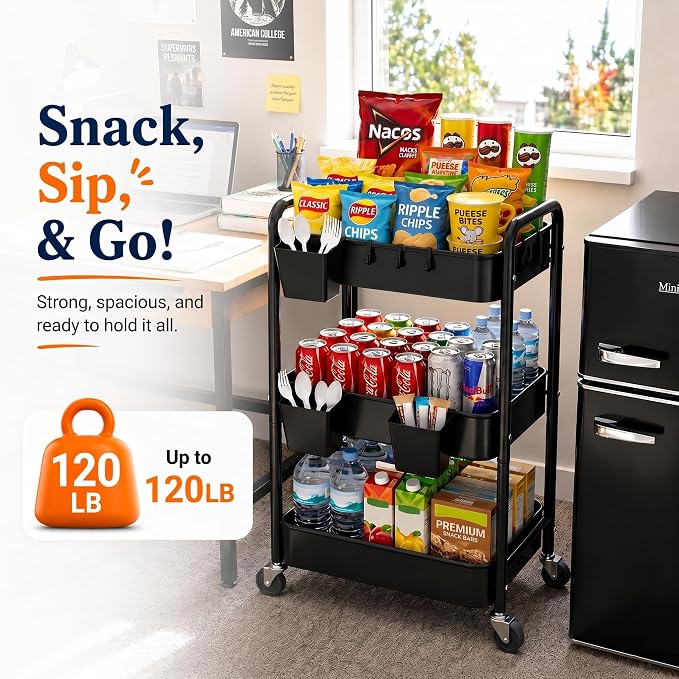 3 Tier Rolling Cart on Wheels, Metal Utility Storage Cart with Wheels, Three Tiered Craft Carts Organizer with Hanging Cups, Hooks, Mesh Basket for Bedside, Kitchen, Bathroom, Office, Art, Snack,Black