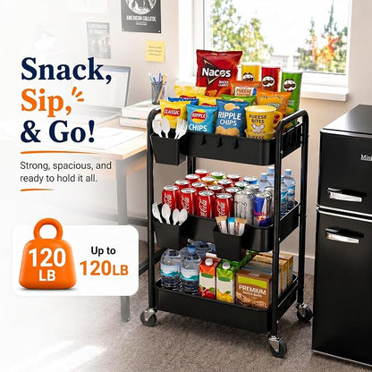 3 Tier Rolling Cart on Wheels, Metal Utility Storage Cart with Wheels, Three Tiered Craft Carts Organizer with Hanging Cups, Hooks, Mesh Basket for Bedside, Kitchen, Bathroom, Office, Art, Snack,Black
