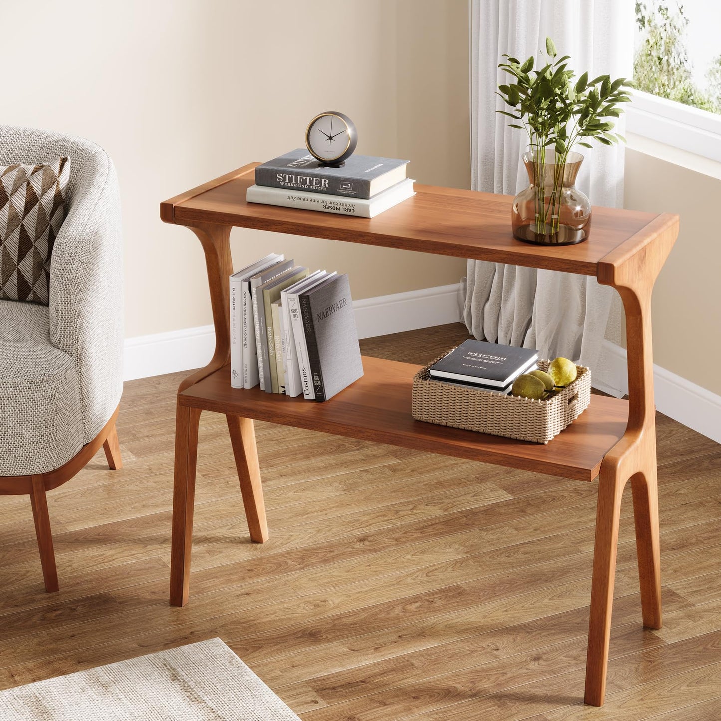 Tribesigns 2-Tier Solid Wood Side Table, Mid-Century Modern End Table with Storage Shelves, Tall Slim Side Table for Couch with Unique Legs, Long Bedside Table for Bedroom, Living Room, Cherry