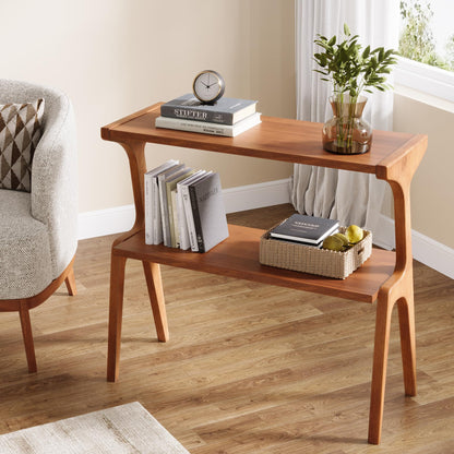 Tribesigns 2-Tier Solid Wood Side Table, Mid-Century Modern End Table with Storage Shelves, Tall Slim Side Table for Couch with Unique Legs, Long Bedside Table for Bedroom, Living Room, Cherry