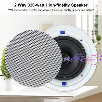Herdio 6.5 Inch Bluetooth Ceiling Speakers 320W 2-Way Flush Mount in Wall Amplifier Receiver Suitable for Home Theater Bathroom Living Room Kitchen Office (White, Pair)