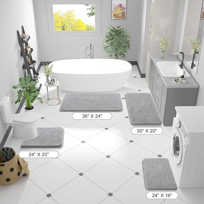 OLANLY Bathroom Runner Rugs 59x24, Soft Absorbent Chenille Bath Rugs, Rubber Backing Quick Dry, Machine Washable Long Bath Mats for Bathroom Floor, Tub and Shower, Home Decor Accessories, Light Grey