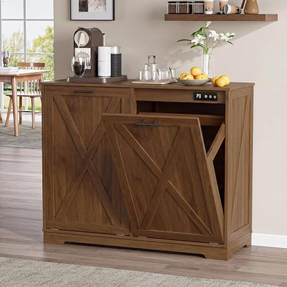 Double Tilt Out Trash Can Cabinet, Wooden Farmhouse Kitchen Garbage Bin Enclosure with Negative Ion Odor Control, Hidden Dog Proof Trash or Laundry Basket Storage for Laundry Room, Walnut