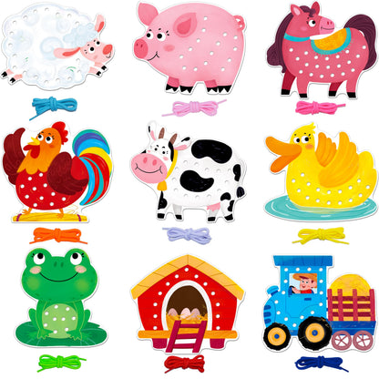 SpriteGru 9 PCS Farm Theme Lacing Cards, 9 Double Sided Sewing Cards with 9 Colorful Laces, Imagination Development Lacing Toys Educational and Learning Activity for Preschoolers, Kids