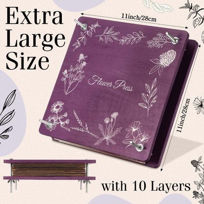 Hoolerry Extra Large Flower Press Kit 11" x 11" Wooden Floral Presser 10 Layers Wedding Bouquet Preservation Kit Dried Flower Art for Bookmark Floral Drying Gift(Lavender)
