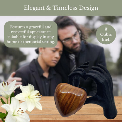 ZAHANAARA Wooden Heart Urn for Ashes Adult Male & Female |Handcrafted Memorial Box for Funeral|Memorial Gifts, Ashes Keepsake |Aluminum Cremation Urns|Unique Tribute in Hands Design - Black, 3 cu in