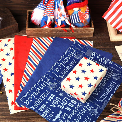 100 Sheet Retro Patriotic Tissue Paper, 5 Styles Stars Stripes Patterns Patriotic Art Tissue Paper for Veterans Day DIY Crafts 4th of July American National Day Party Supplies, 13.8 x 19.7‘’