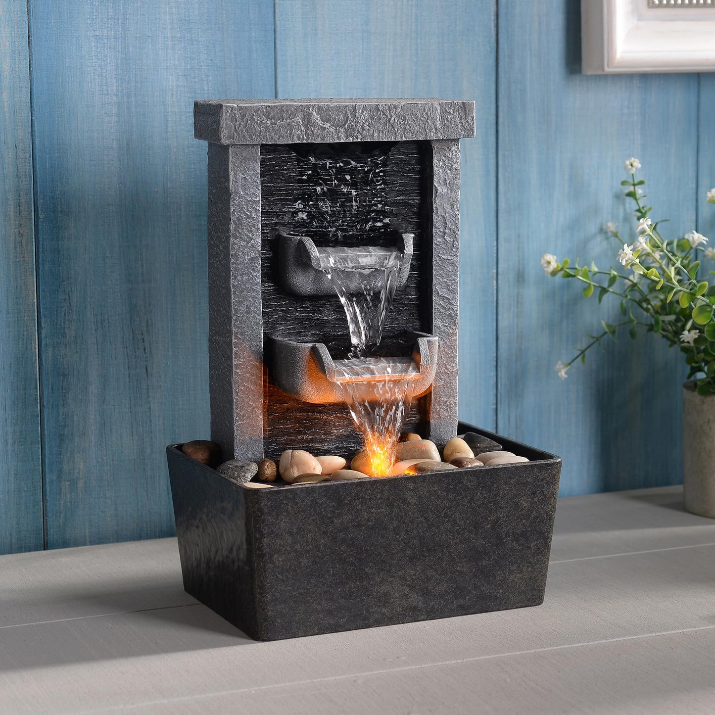 GOSSI Home Décor 10.3 in Indoor Waterfall Fountain Relaxation High Pressure Water Pumps Tabletop Fountain Nature Feeling Water Fountains with Reflective Lighting/River Rocks Home/Office Decoration