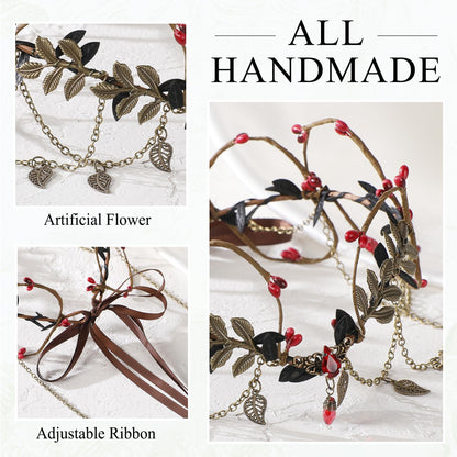 MOSTORY Gothic Flower Elf Crown - Dark Fairy Crown with Tassel for Vampire Accessories Women Witch Aesthetic, Medieval Elven Headpiece with Leaves for Renaissance Renfaire Cosplay