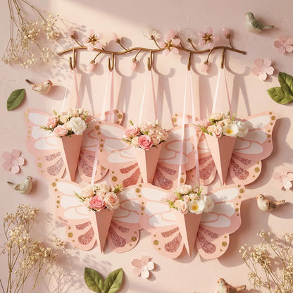 Tenceur 6 Pcs Flower Gift Bags DIY Butterfly Flower Bouquet Bags with Ribbon Pink Butterfly Shape Floral Wrapping Paper for Summer Birthday Wedding DIY Gift Bouquet Wrapping Party Supplies