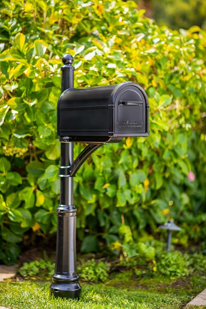 Architectural Mailboxes Hillsborough Post Mount Mailbox, Black, Large | Galvanized steel build for outside with rust-resistant powder-coat finish and a magnetic door closure. USPS approved.