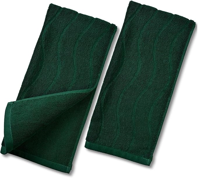 Jacquotha 2-Piece Hand Towels Set in Forest Green, Wavy Striped Jacquard Towels