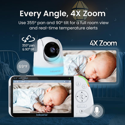 Babysense PRO Full HD 5.5" Split Screen Baby Monitor with 2 Cameras, 6-Color Night Light, White Noise, Sound & Light Machine, 20-Hour Battery, Hack-Proof Non-WiFi Secure Connection