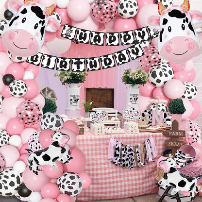 Amandir 115PCS Pink Cow Party Decorations - Balloon Garland Arch Kit with Cow Print Balloons, Happy Birthday Banner, Cake Topper for Girl Baby Shower, Farm Animals Themed Birthday Party Supplies