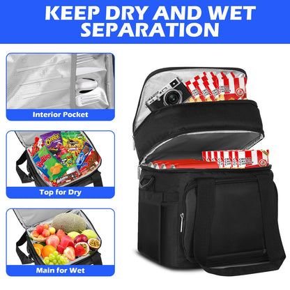 KALVATAY Insulated Lunch Bag, Lunch Box for Men, Double Deck Reusable Lunch Bag for Work Outdoor Picnic Day Trips - Heavy Duty Leakproof Cooler Bag Organizer for Adults(Black, 18L)