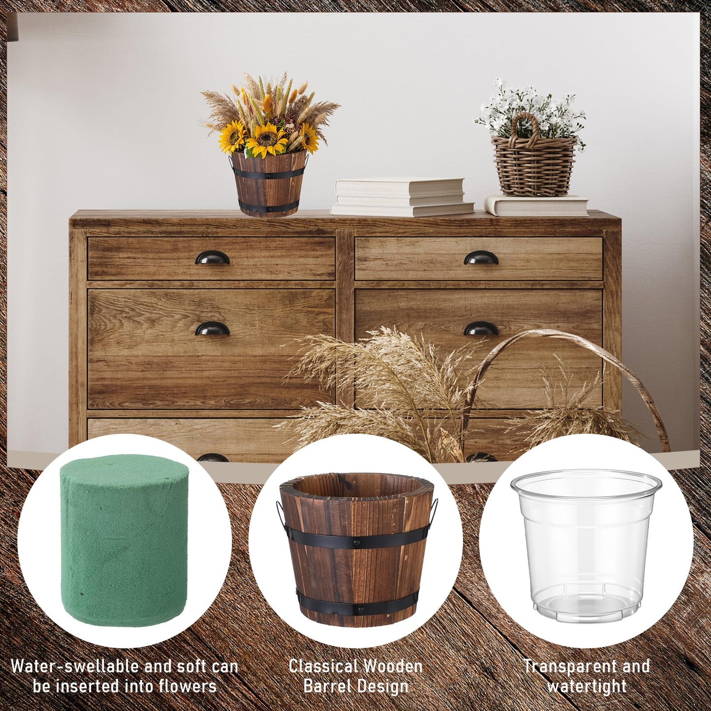 Remerry 6 Pcs Rustic Wood Barrel Planter Boxes with Removable Plastic Liners & Floral Foam Blocks, Farmhouse Decor for Wedding Table, Home, Garden, Kitchen & Party Centerpieces (Classic)