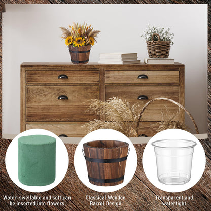 Remerry 6 Pcs Rustic Wood Barrel Planter Boxes with Removable Plastic Liners & Floral Foam Blocks, Farmhouse Decor for Wedding Table, Home, Garden, Kitchen & Party Centerpieces (Classic)