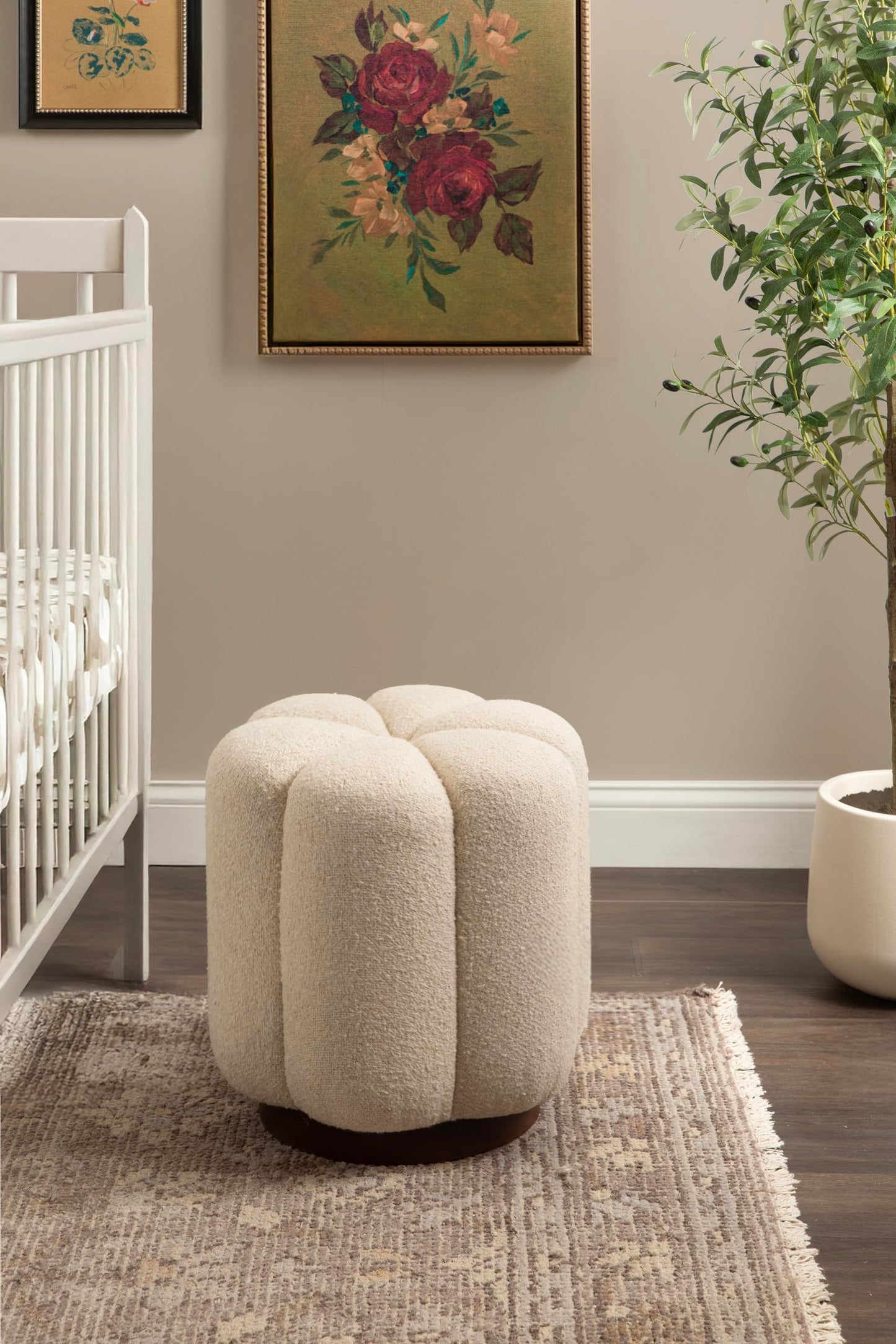 Kate and Laurel Lucida Round Upholstered Ottoman with Mango Wood Base, 16 x 16 x 18, Soft White and Dark Brown, Modern Scalloped Boucle Ottoman Foot Rest for Apartment or Living Room Decor