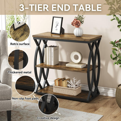 FJLHOHG End Table, Narrow Side Table, 3-Tier End Table with Metal Frame, Living Room Side Table with Storage for Couch, Sofa, Bedroom, Small Spaces, Easy Assembly, 23.6"D*11.8"W*23.6"H, Rustic Brown