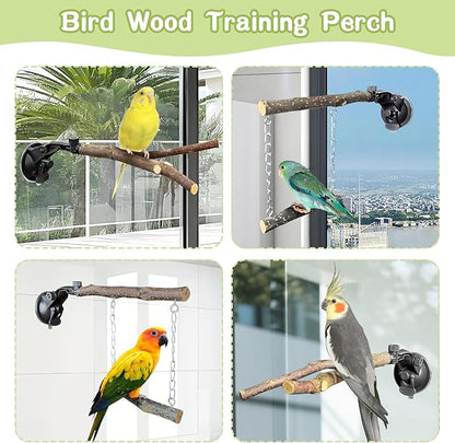 BNOSDM 2 Pcs Bird Perch Stand, Parrot Wood Perch with Strong Suction Cup, Movable Perches Stand Bird Training Set, for Window Shower Bathroom Ceramic Tiles for Parrots, Parakeets, Budgies, Lovebirds