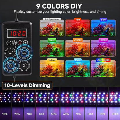 fishkeeper Smart LED Aquarium Light with One-Button Real-Time Sync, 24/7 Mode Full Spectrum Fish Tank Lights, 9 Colors DIY, 9 Timer, 10 Brightness IP68 Waterproof Aquarium Plant Light for 18-24 inch