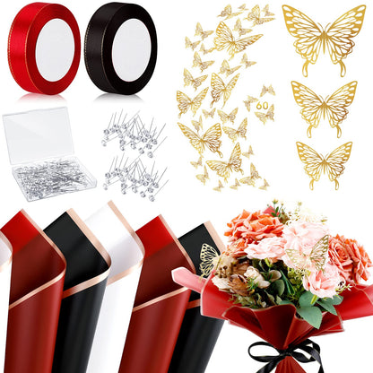 Outus 60 Sheets Flower Bouquet Wrapping Paper Mother's Day Waterproof Floral Wrapping Paper with 60 3D Butterfly 100 Flower Pins 2 Rolls Ribbon Florist Supplies for Wedding(Red, Black, White)