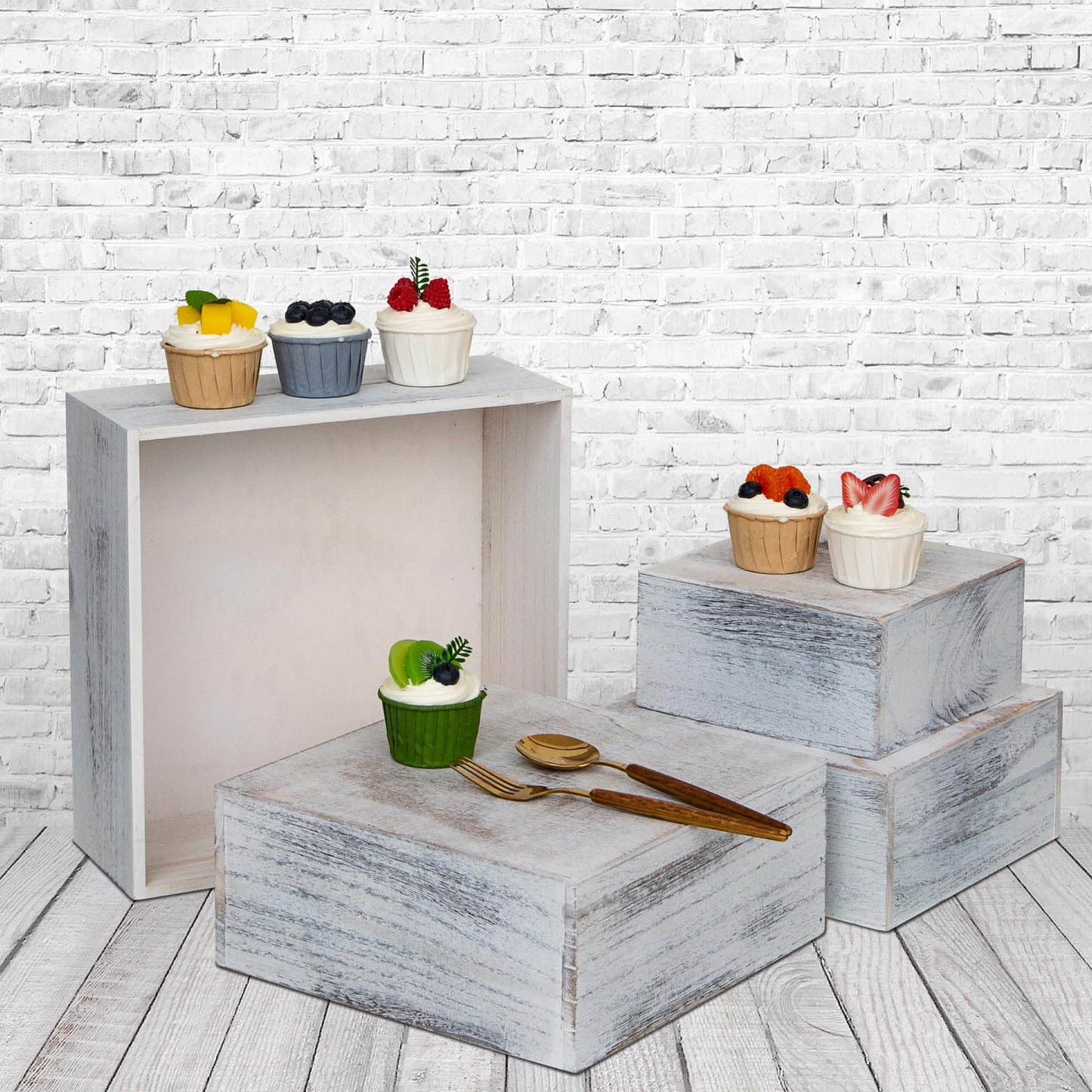 WEASATRY 4 Pieces Wooden Cake Stands,Antique White Cupcake Stands for Display,12 inches Square Wooden crates,Wood Display risers for Wedding,Birthday Party,Christmas,etc. (Antique White)