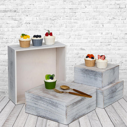 WEASATRY 4 Pieces Wooden Cake Stands,Antique White Cupcake Stands for Display,12 inches Square Wooden crates,Wood Display risers for Wedding,Birthday Party,Christmas,etc. (Antique White)