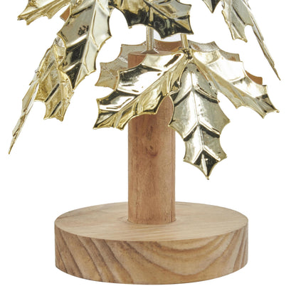 Deco 79 Metal Tree Decorative Sculpture Holiday Layered Holly Leaf Christmas Home Decor Statues with Wooden Base and Star Topper, Set of 3 Accent Figurines 22", 18", 14"H, Gold