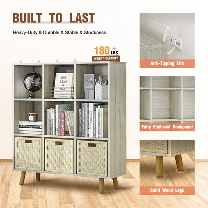 ELYUP 9-Cube Open Shelf Bookcase - 3-Tier Wooden Floor-Standing Bookshelf with Legs and Backpanel, Ideal for 11-inch Fabric Storage Bins and Miscellaneous Organizer, Oak
