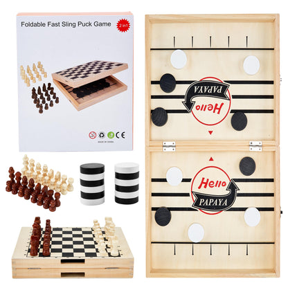 HELLO PAPAYA Foldable Fast Sling Puck Game with Chess Board and Checkers Board, Tic Tac Toe. Wooden Air Hockey Family Night,Table Games Gifts for Adults and Kids