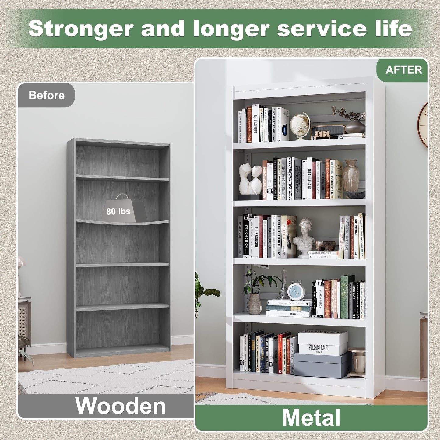 OSEILLC 69" H 5-Shelf Heavy Duty Metal Bookcase, Adjustable Bookshelf with Large Capacity, Sturdy Bookshelf for Home Office, Living Room, Garage