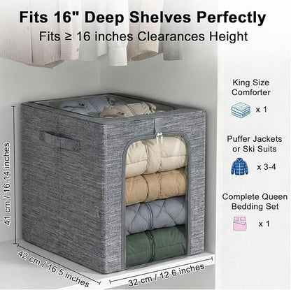 GoMaihe Clothes Storage Bins Metal Frame: 55L Extra Large Stackable Closet Storage Organizer with Lid & Clear Window, Heavy Duty Blanket Boxes for Winter Coats Comforters (Fits Deep Closet 4-Pack)