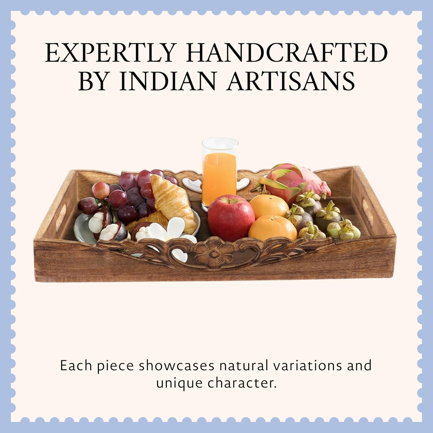 Mela Artisans 16” x 12” x 2.5” Mango Wood Serving Tray with Handles – Orchid Medium Burnt – Handcrafted Wooden Serving Board for Breakfast, Coffee & Home Décor