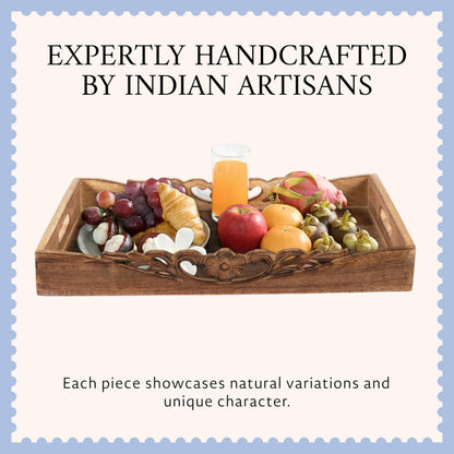 Mela Artisans 16” x 12” x 2.5” Mango Wood Serving Tray with Handles – Orchid Medium Burnt – Handcrafted Wooden Serving Board for Breakfast, Coffee & Home Décor