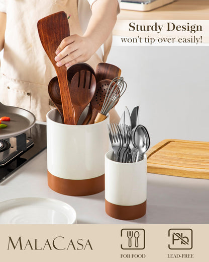 MALACASA Utensil Holder, 7.3"+5.5" Ceramic Kitchen Utensil Holder for Countertop, Large Cooking Utensil Crocks for Kitchen Counter, Farmhouse Utensils Organizer, Set of 2, Khaki White, Series TARA