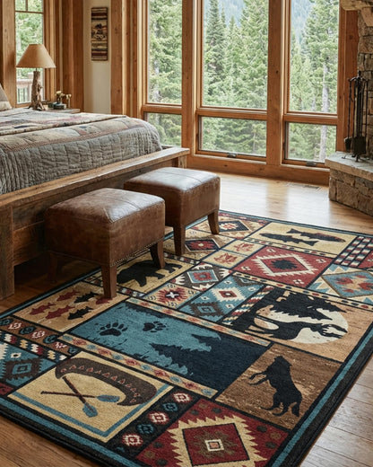 Yghgezl Rustic Rugs for Living Room, Washable Cabin Rug 5x7 Bear Area Rug Country Farmhouse Wildlife Hunting Lodge Rug for Bedroom Deer Moose Brown
