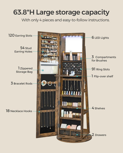 SONGMICS 6 LEDs Lockable Mirror Jewelry Cabinet, 360° Swivel Jewelry Organizer Armoire Standing, Frameless Full-Length Mirror, 3 Storage Shelves, Rustic Brown Surface, Black Lining UJJC007X01