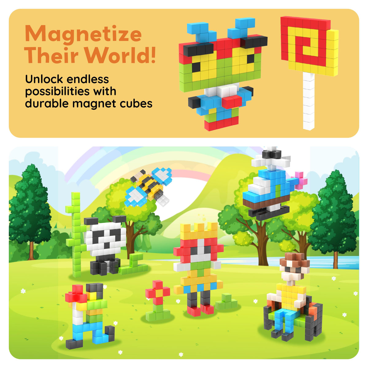 PicassoTiles 100pcs 0.5” Pixel Magnetic Puzzle Cube Mix & Match Cubes Sensory Toys STEAM Education Learning Building Block Magnets Children Construction Toy Set Stacking Magnet Creative Kit PMC100
