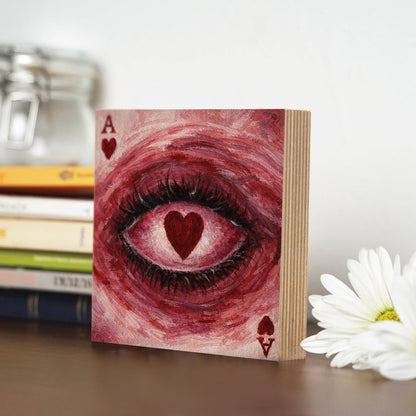Surreal Eye Wooden Block Sign, Heart Eye Art Painting, Playing Card Heart Dark Romantic Symbolic Decor Shelf Sitter, Artistic Home Table Mantel Tiered Tray Unique Gift