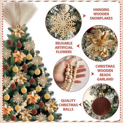 63Pcs Boho Christmas Tree Decoration Set Neutral Boho Christmas Tree Ornaments Wooden Bead Bow Xmas Balls Artificial Flowers and Grass DIY Decor Craft for Holiday Wedding Party Supplies Gifts