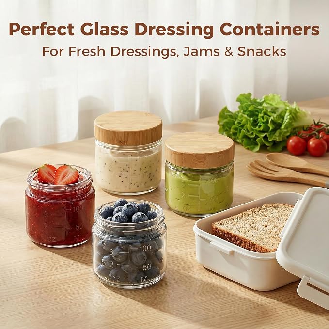 HomArtist 3oz Glass Salad Dressing Containers with Bamboo Lids - 4 Pack Small Airtight Condiment Cups, Mini Sauce Jars for Picnic, Ketchup, Dip & Snacks, Leakproof, BPA-Free & Dishwasher Safe
