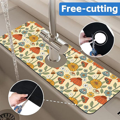 Abstract 70s Mushroom Floral Sink Faucet Absorbing Mat Sink Splash Guard Faucet