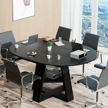 43.3in-59in Extendable Round Conference Table for 4-6 People,Wooden Oval Meeting Room Table with Removable Leaves,Space Saving,Office Table with Storage Shelf for for Office Conference Room