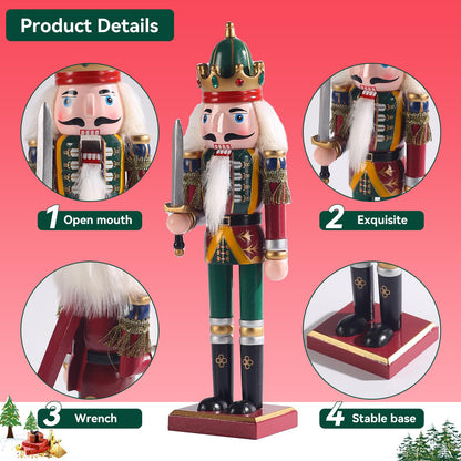 KoolShare 12-Inch Christmas Nutcracker Figurines, Set of 2 Traditional Wooden King & Soldier with Sword & Spear, Handcrafted Standing Holiday Decorations for Fireplace, Shelf, or Tabletop Display