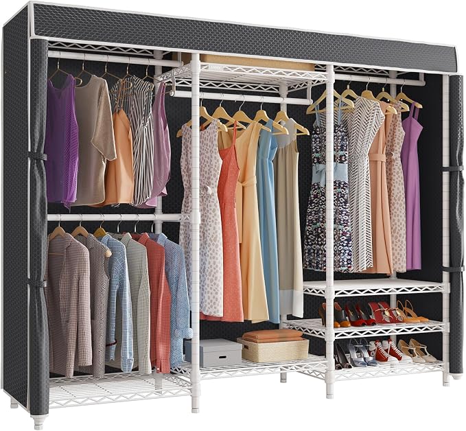 VIPEK V5C Bedroom Armoires Portable Closet Clothing Rack, White Metal with Black Cover, Adjustable Custom Freestanding Wardrobe Heavy Duty Covered, Max Load 890LBS