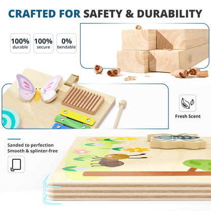 BlueWood Wooden Busy Board for Toddlers 18+ Months, 14-in-1 Montessori Philosophy Educational Toy, Activity Center Made from Basswood, No Drilling, Easy to Carry & Store - Square