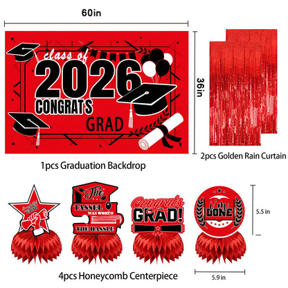 Graduation Party Decorations 2026–Black Red Grad Banner, Class of Backdrop, Balloons, Fringe Curtains and Foil Balloon, Streamers Kit–Complete Graduation for High School & College Celebrations (Red)